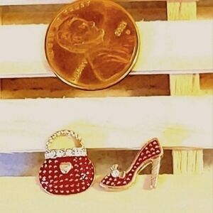 HANDBAG & STILETTO RED ENAMEL 10k GOLD PLATED EARRINGS WITH CZ's